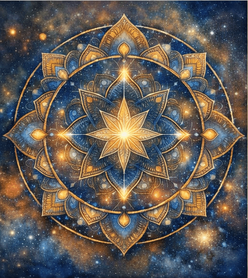 Intricate mandala design featuring layered petals and leaves, radiating a central glowing flower. Symbolizes harmony and mindfulness.