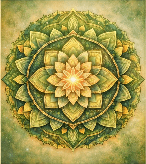 Intricate mandala design featuring layered petals and leaves, radiating a central glowing flower. Symbolizes harmony and mindfulness.