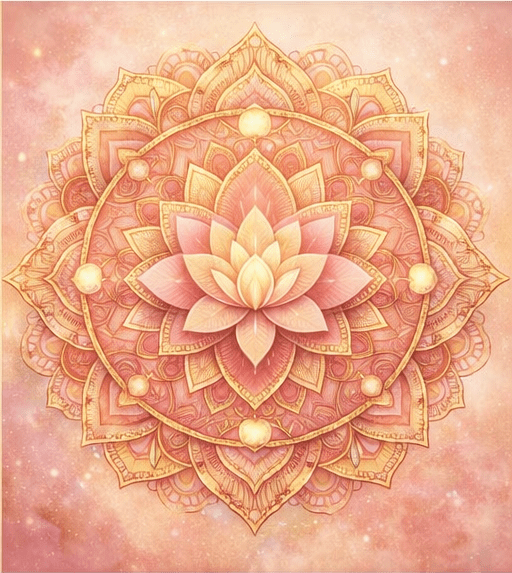 Intricate lotus mandala in soft pink and gold hues, symbolizing harmony and balance, ideal for meditation or spiritual themes.