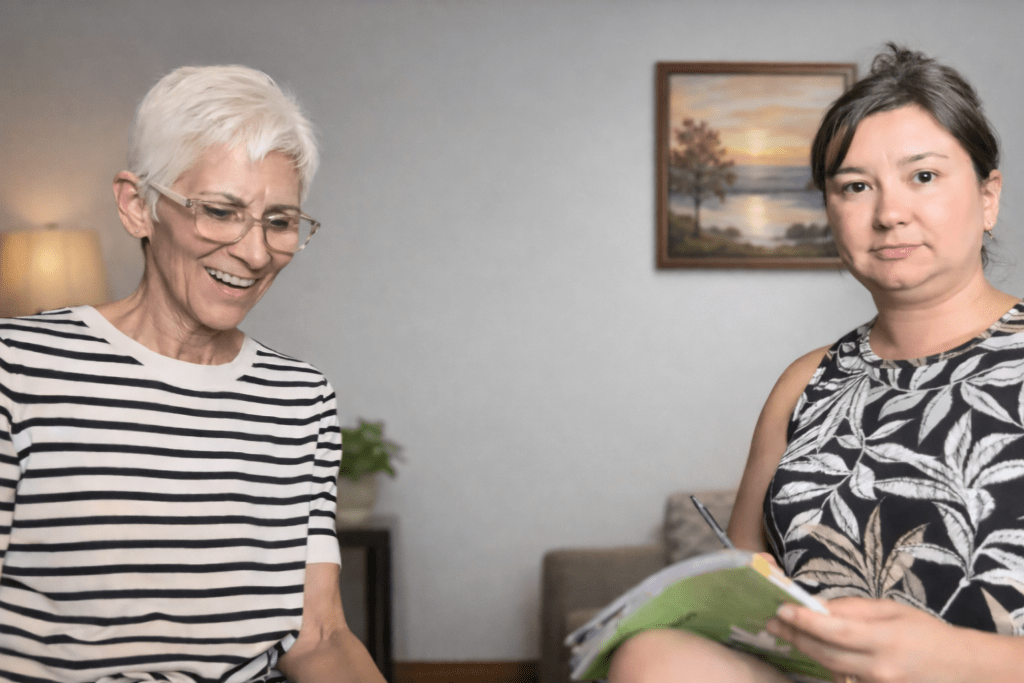 Two women engage in a conversation, with one laughing and the other focused on a notebook. A serene landscape painting hangs in the background.