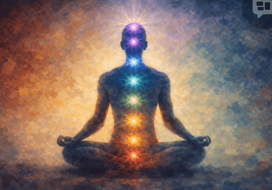 Silhouetted figure meditating with colorful chakras aligned along the spine, set against a gradient background to symbolize spiritual energy and balance.